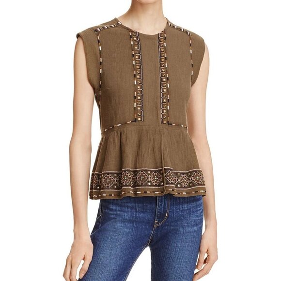 NWT French Connection Adanna Crinkled Embroidered Peplum Blouse Brown Size 2 - Picture 1 of 7